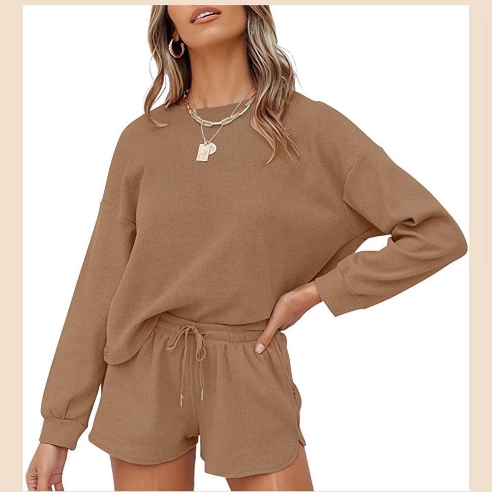 Zesica Pajama Set Cocoa Long Sleeve Waffle Weave Shorts loungewear